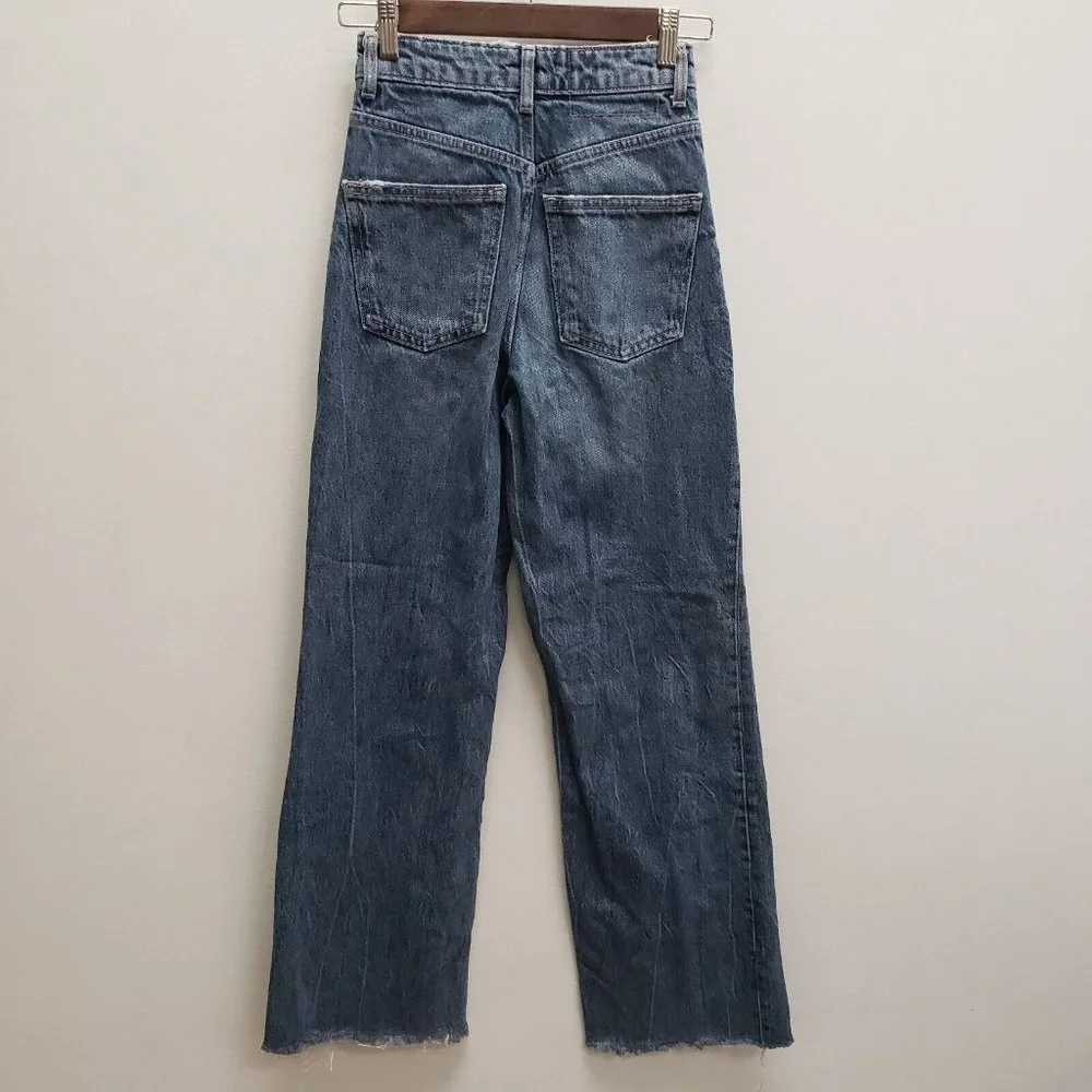 Zara Womens Wide Leg Blogger Fav Raw Hem Jeans Size 0 Blue High Rise Pockets - Picture 3 of 10